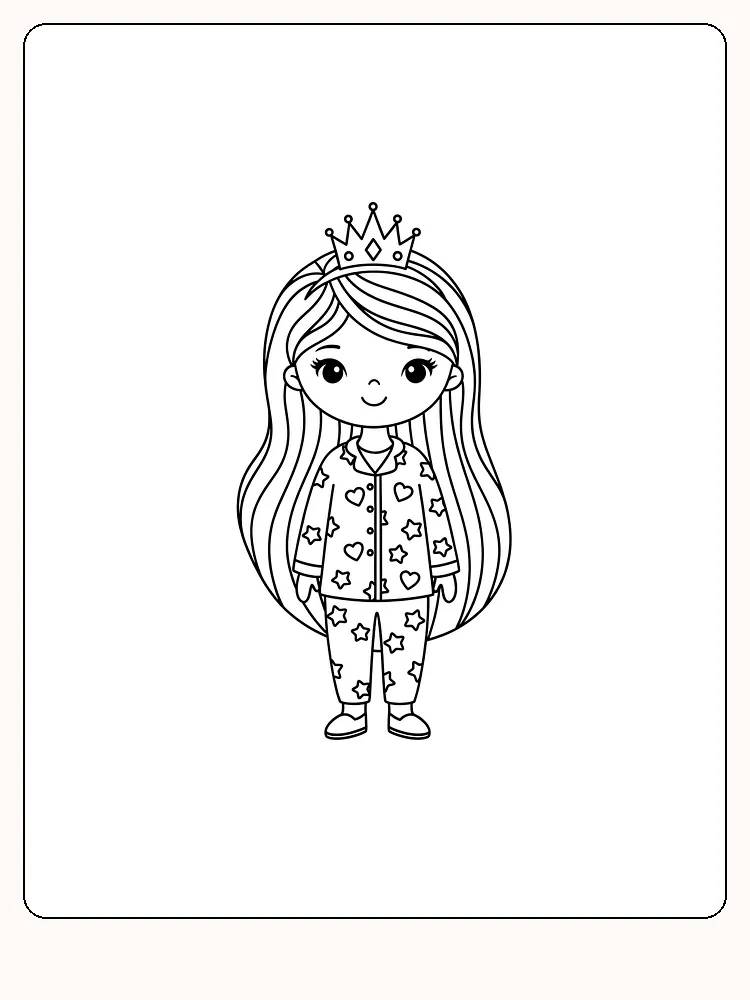 Tegning til farvelægning af en lille prinsesse med krone og stjernemønstret pyjamas