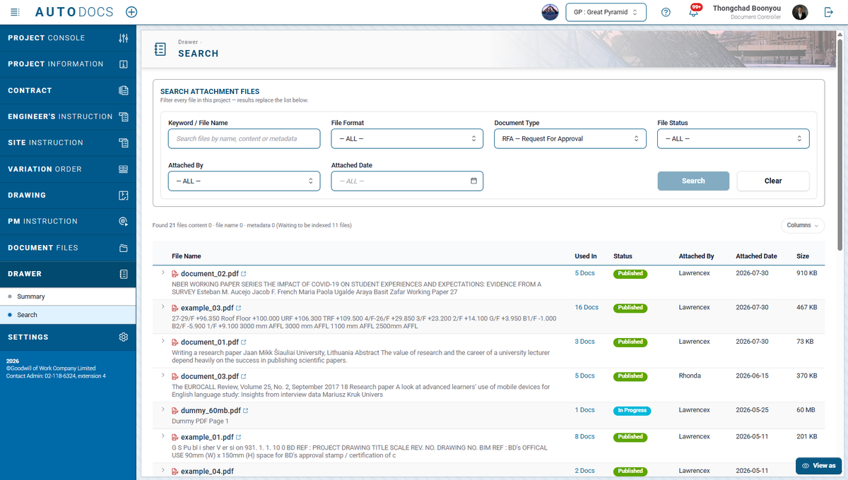 One index of every file attached anywhere in the project, with a summary console and a search that ranks results by rele