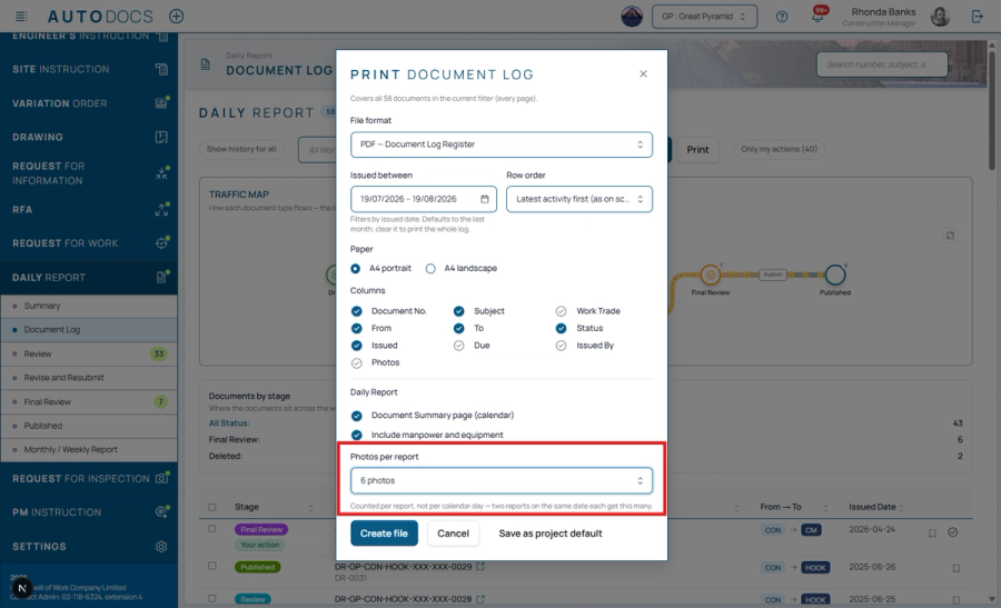 The print dialog gains a section that belongs to the Daily Report alone: print the manpower broken down by trade, and th