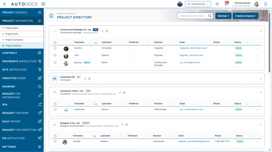 Company directory — Company codes appear on the badges, and companies are listed alphabetically.
