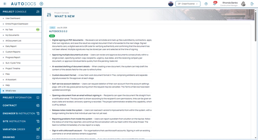 Release notes inside the system — Users can read each version's improvements from within the system, with a badge markin