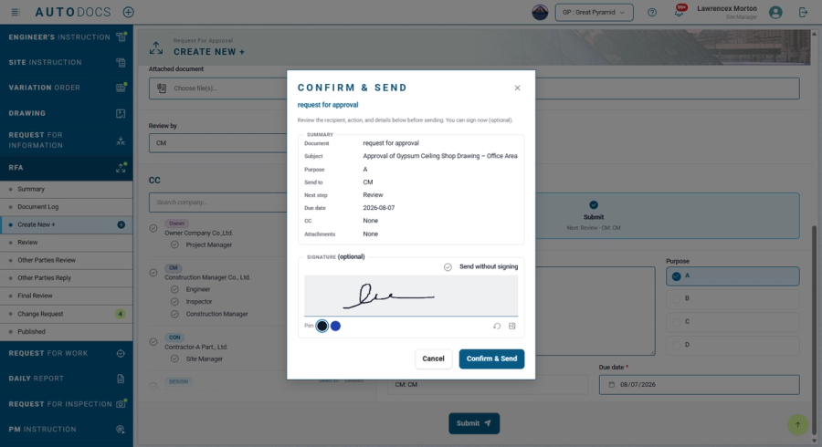 A confirmation summary before you send — see who it goes to, what for, and the due date, sign right there, and if anythi