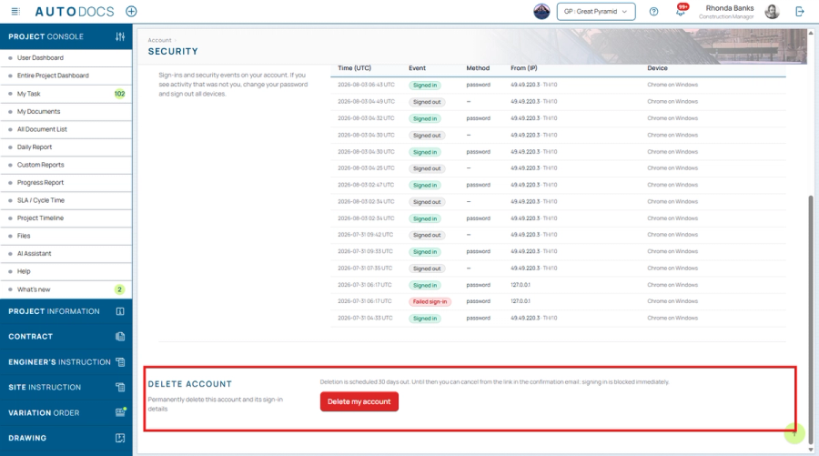 Self-service account deletion — Users can request deletion of their own account from the account settings page, with a 3
