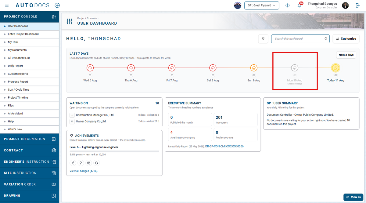 Site holiday calendar — Project administrators can record the project's holidays in Settings, and the week timeline on t