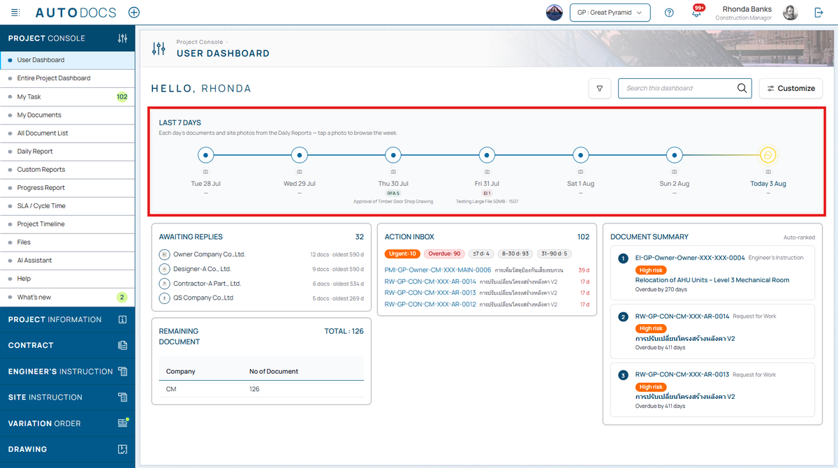 A "Last 7 days" card on the user dashboard — A timeline of the past week where each day carries its weather from the dai