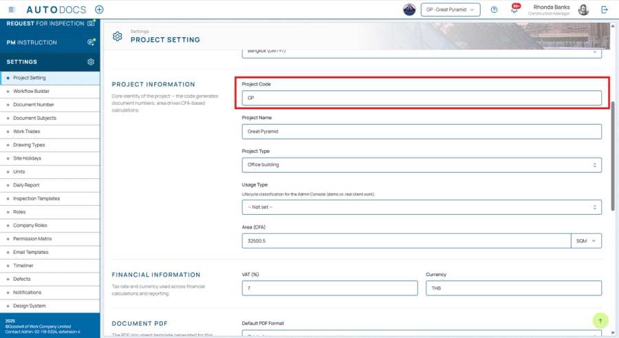 Editing the project code from Settings — Project administrators can change the code themselves, with the consequences sp