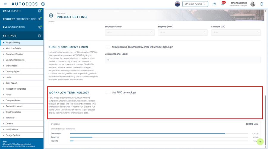 Switch to FIDIC contract terminology per project — the system automatically updates the wording (e.g. Employer / Enginee
