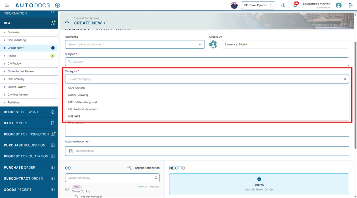 The RFA create form now requires a Category before it can be submitted. The RFI form still lets you leave Category empty