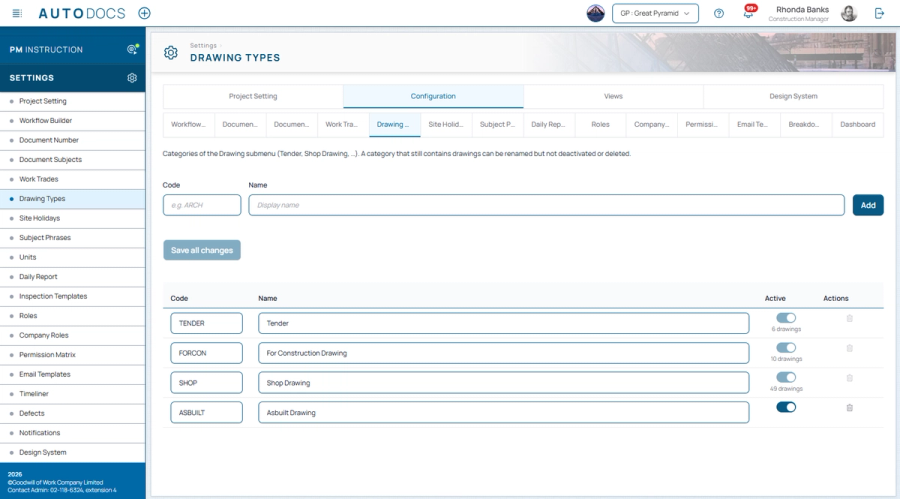 A Drawing Types settings page — Project administrators can add and edit the drawing categories that appear under the Dra