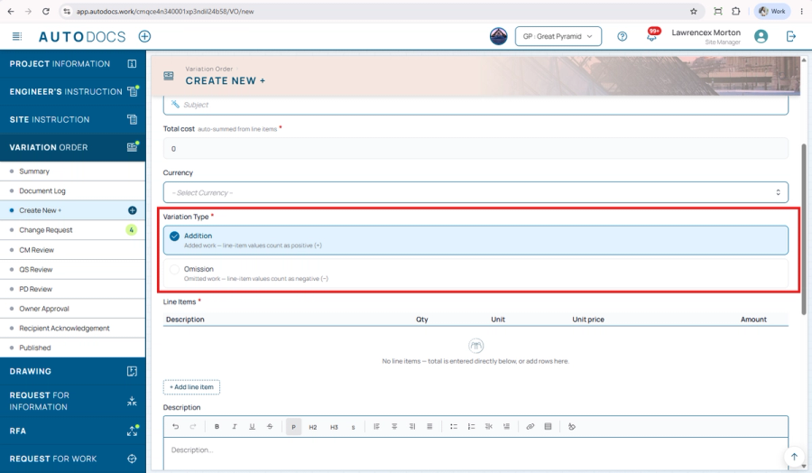 The VO form — Choosing Addition or Omission is now a clear labelled choice with a note on how it affects the value, and 