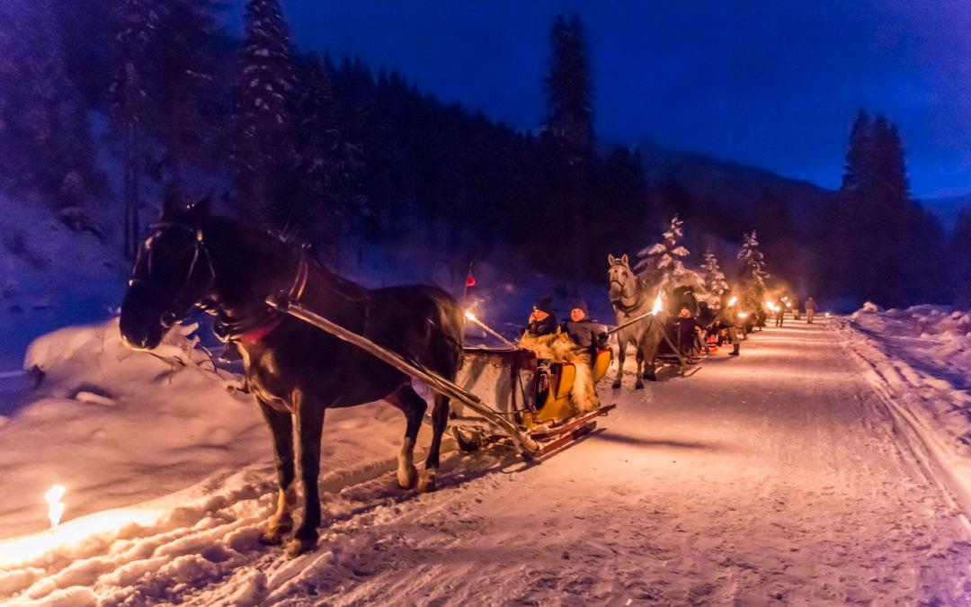 Night sleigh ride in the mountains with horses and sleds.