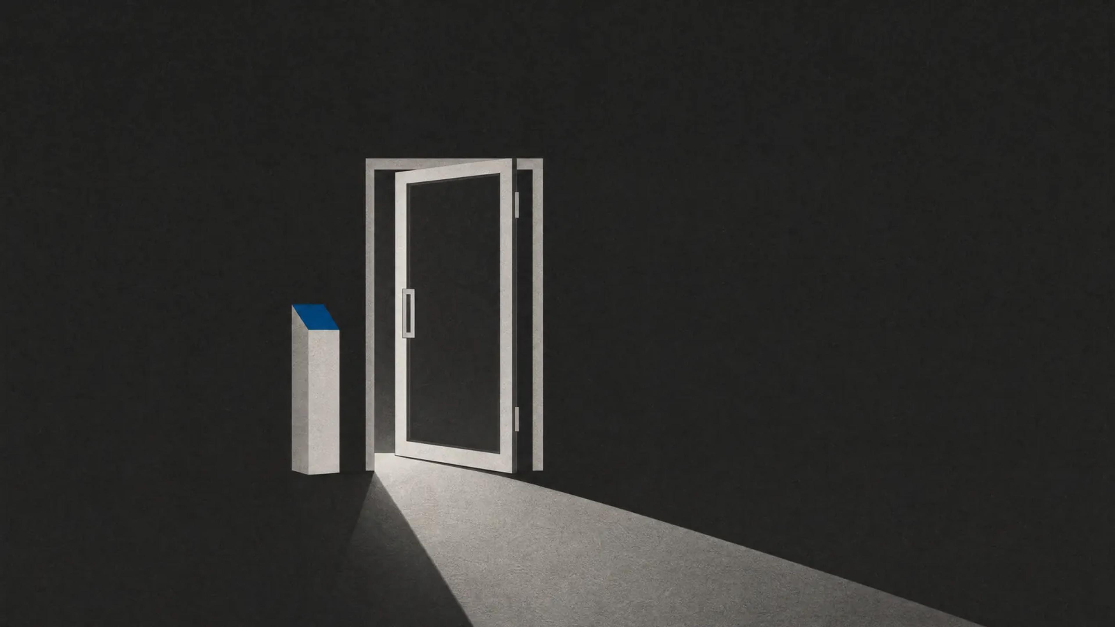 Zeichnung: Eine Glastür steht angelehnt, durch den Spalt fällt Licht auf den dunklen Boden. Daneben steht eine schmale Stele mit einem Kartenleser.