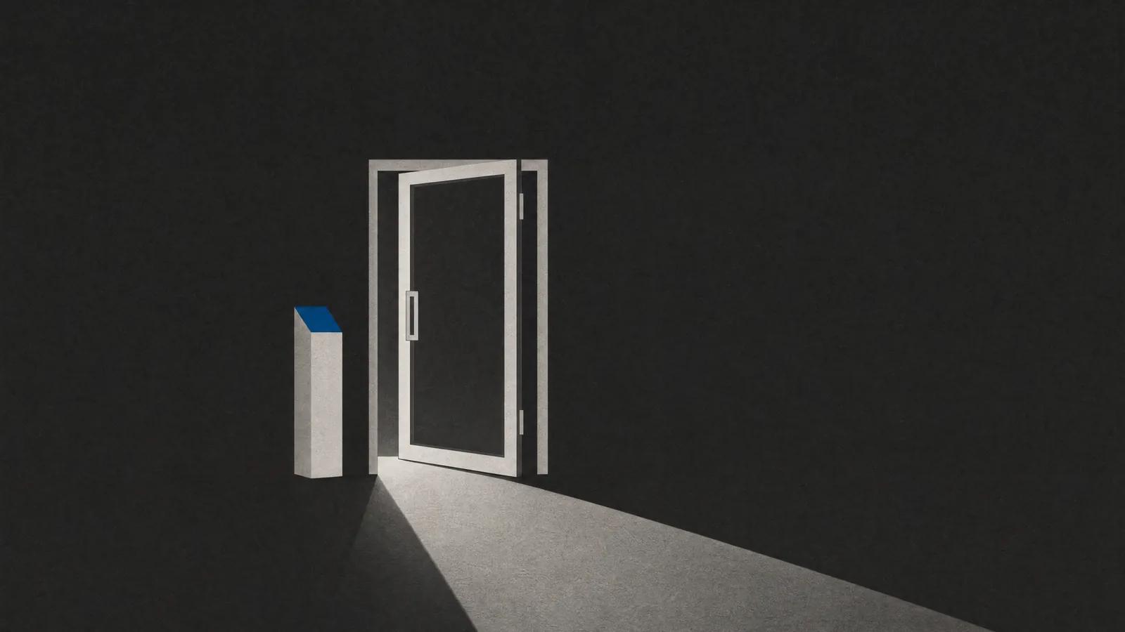 Zeichnung: Eine Glastür steht angelehnt, durch den Spalt fällt Licht auf den dunklen Boden. Daneben steht eine schmale Stele mit einem Kartenleser.