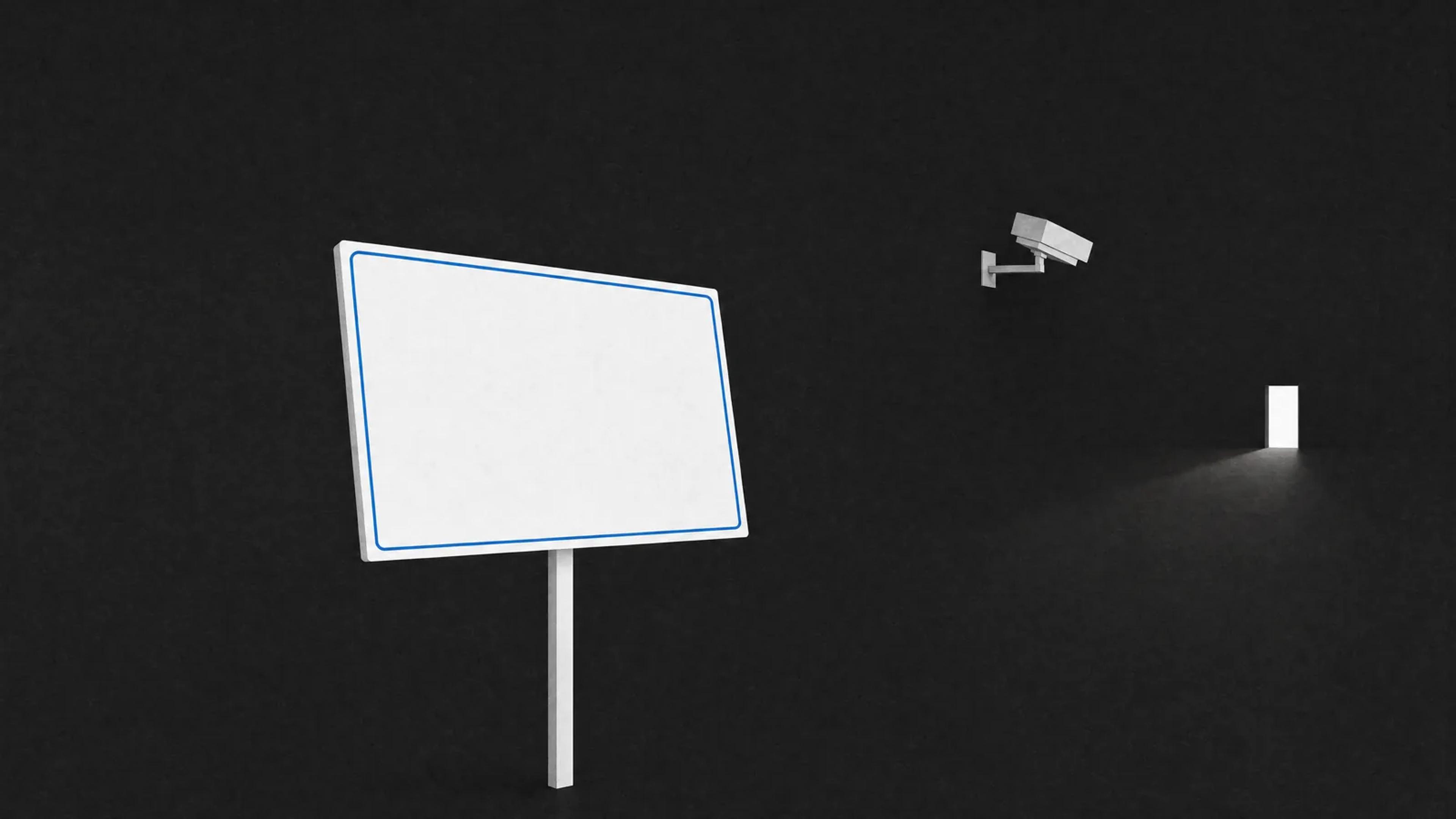 Zeichnung: Ein leeres Hinweisschild auf einem Pfosten im Vordergrund. Dahinter zeigt eine Kamera an einer Wandhalterung nach hinten weg, auf eine ferne beleuchtete Tür.