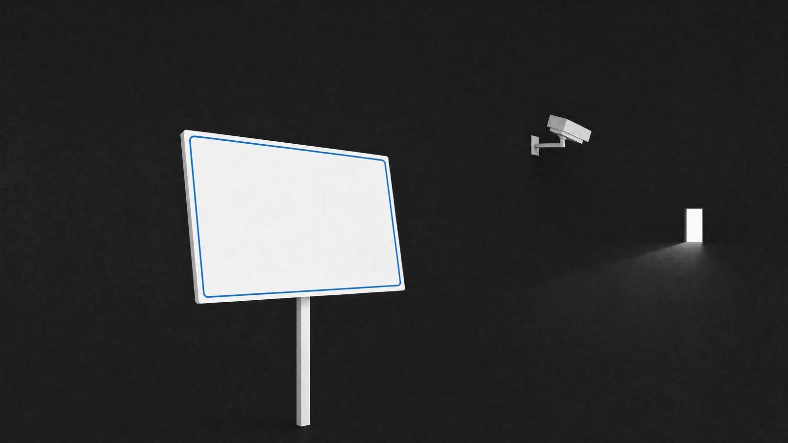Zeichnung: Ein leeres Hinweisschild auf einem Pfosten im Vordergrund. Dahinter zeigt eine Kamera an einer Wandhalterung nach hinten weg, auf eine ferne beleuchtete Tür.