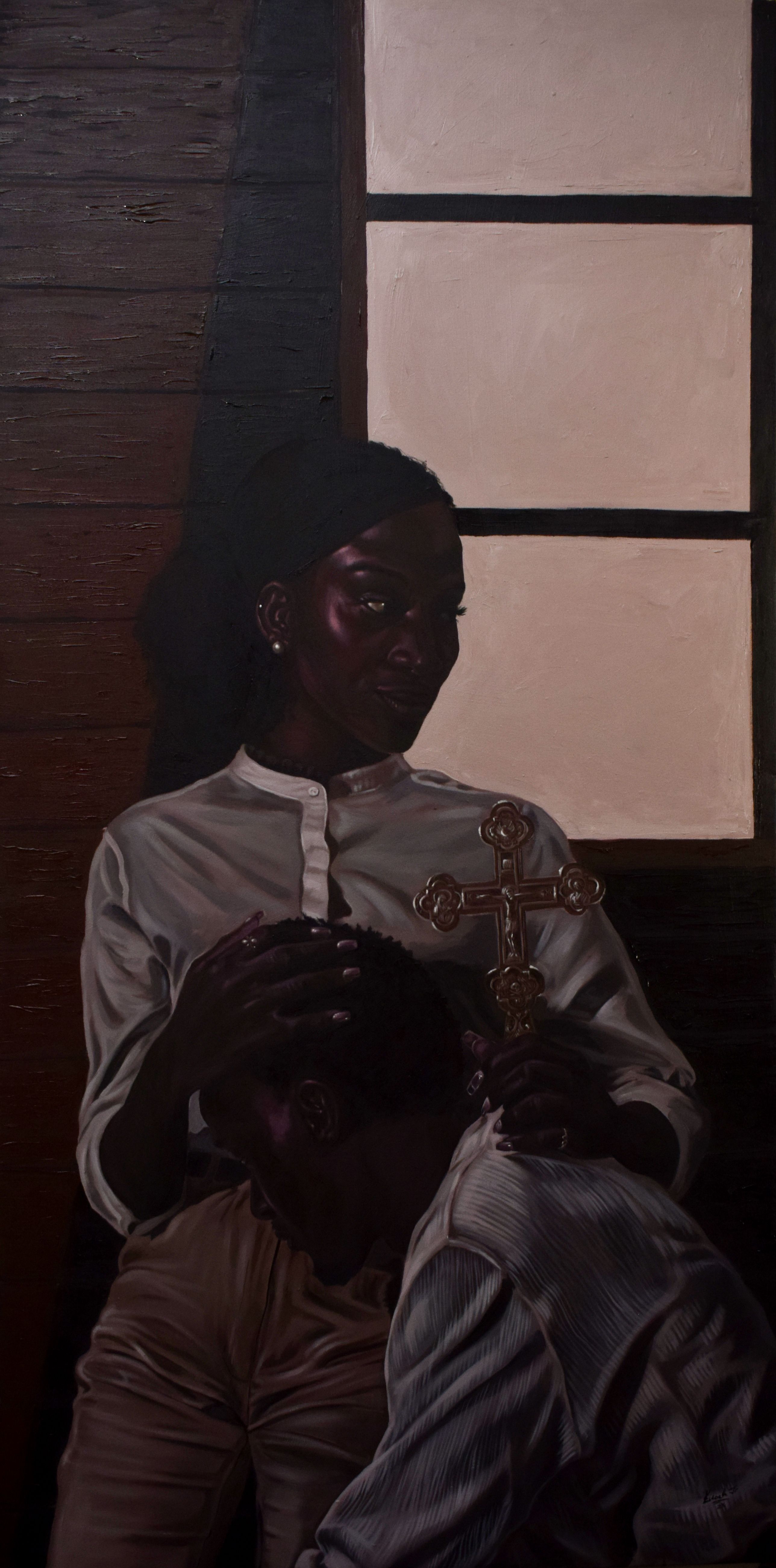 Enoch Chinweuba’s art piece: Psalm 139, acrylic on canvas, year: 2024. A woman is cradling a man in her arms, supported by her arms, there is a cross in her hand, she has a calm countenance