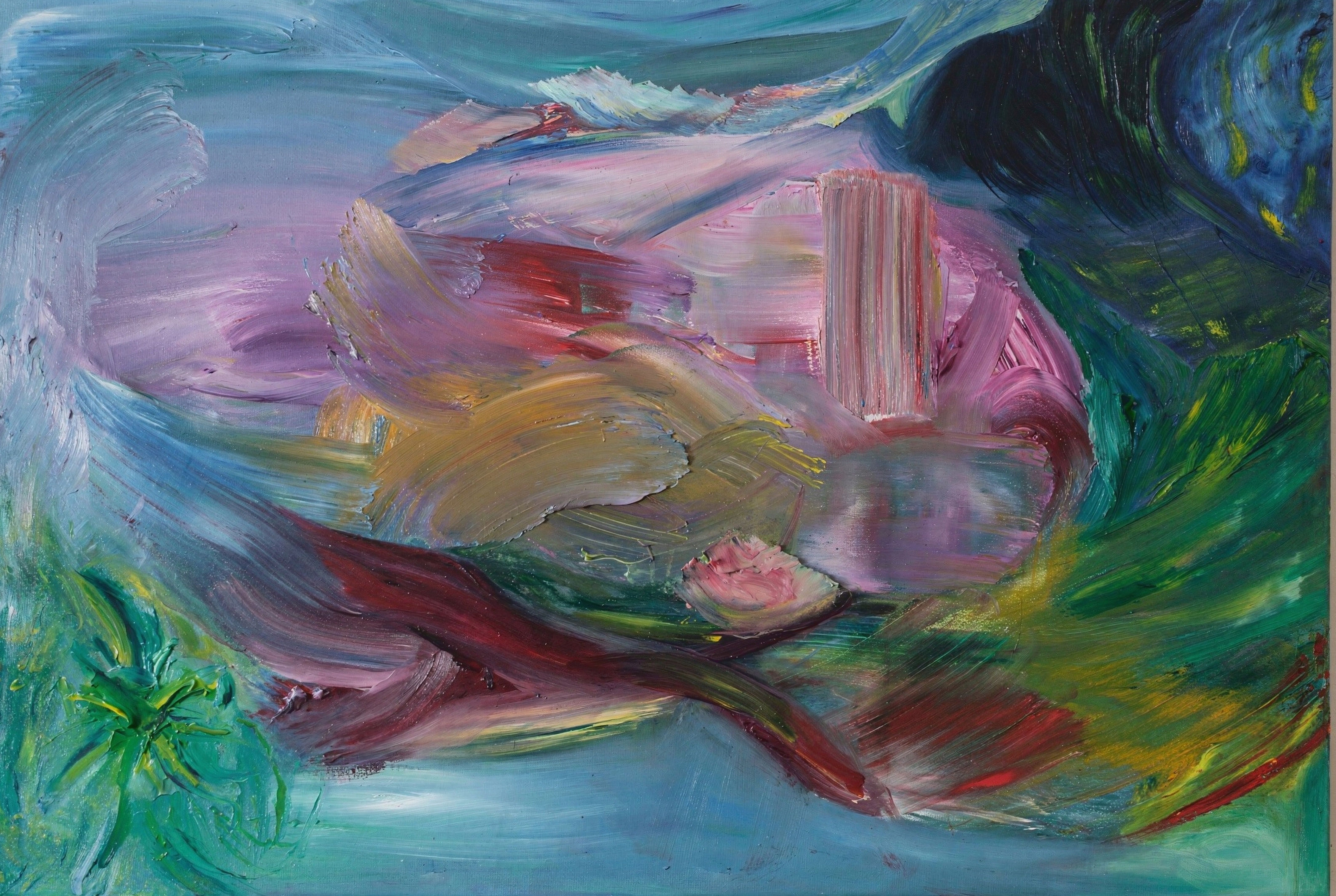 Tiwa Akinjide’s Atunway, a whimsical mix of red, blue and muted yellow brushstrokes on a sea green base.