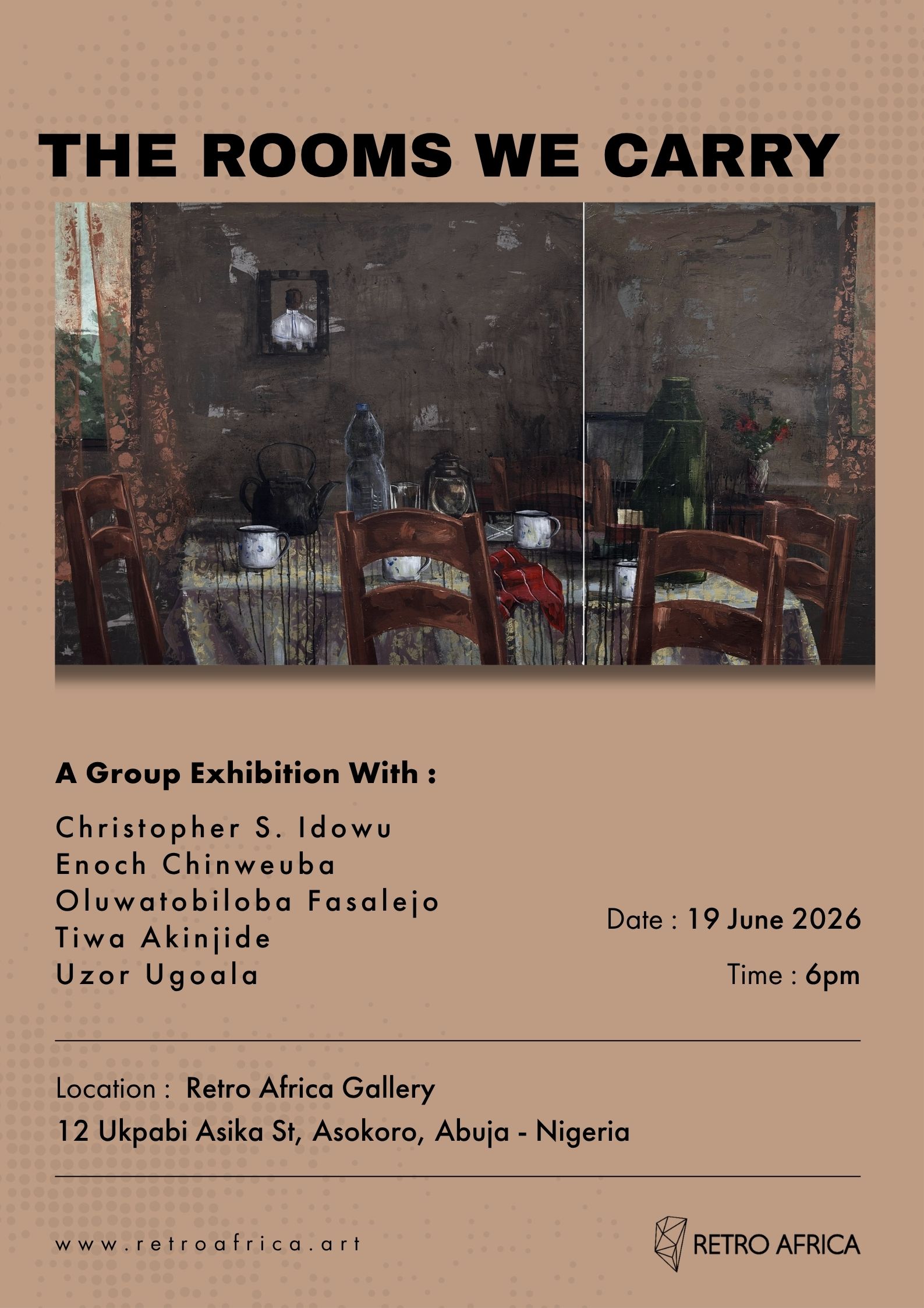 A flyer for The Rooms We Carry art show bearing the artist names, location and venue.