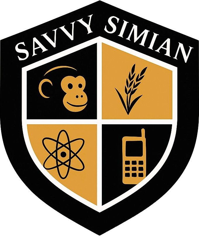 a logo for savvy simian with a monkey, wheat, atom and a cell phone
