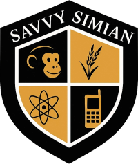 a logo for savvy simian with a monkey, wheat, atom and a cell phone