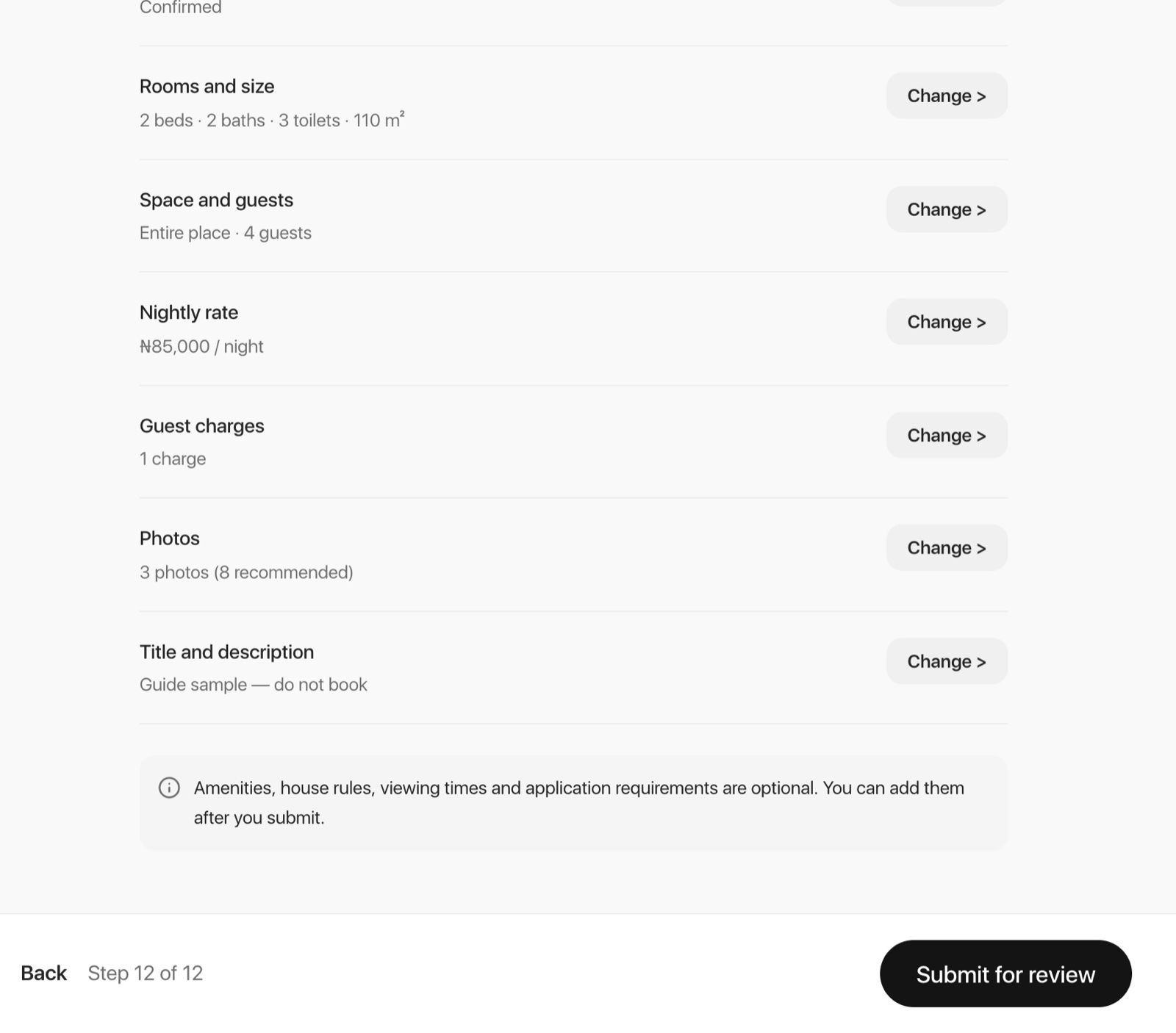 The Check your listing screen listing each answer with a Change button, and the Submit for review button