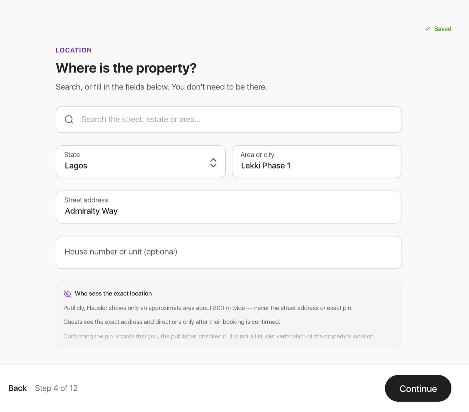 The Where is the property screen with State, Area or city, Street address and an optional house number