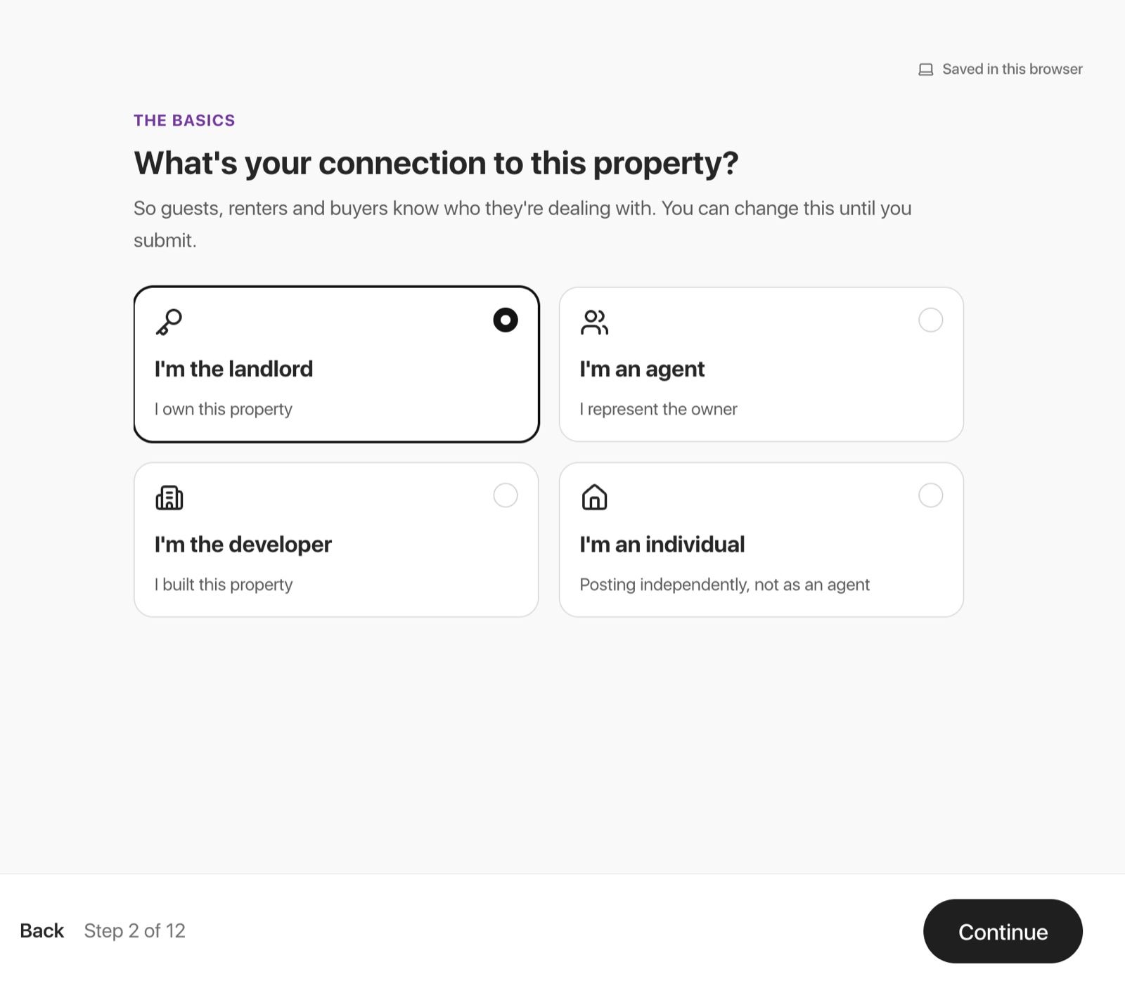 The question What's your connection to this property, with landlord, agent, developer and individual options