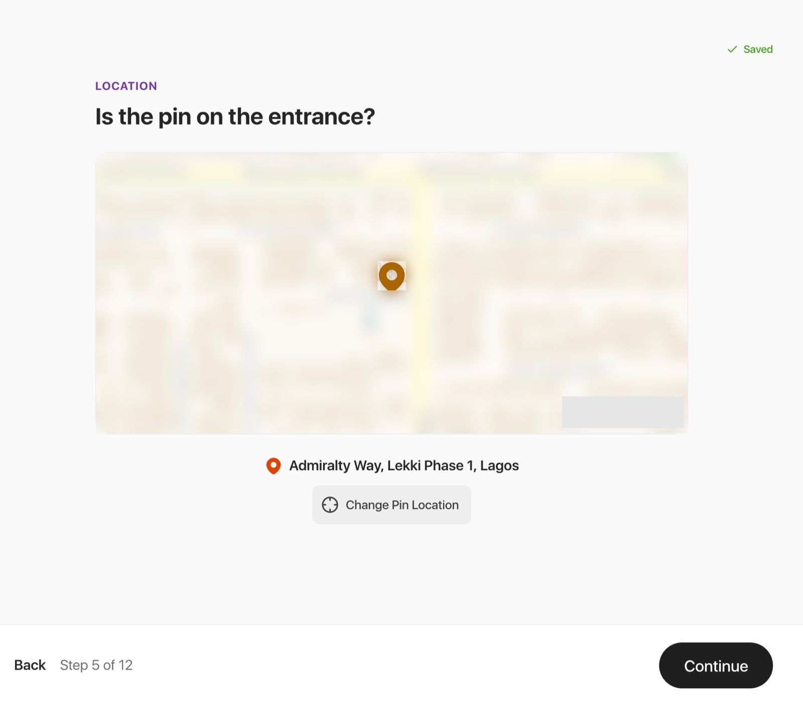 The Is the pin on the entrance screen with a map pin and a Change Pin Location button