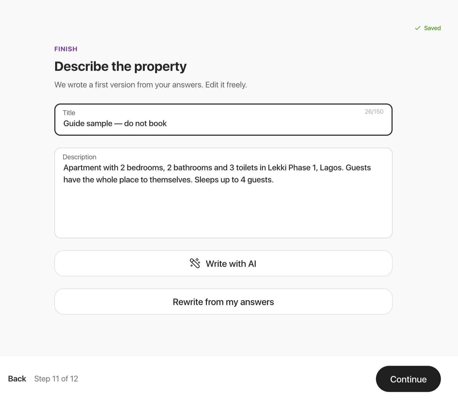 The Describe the property screen with a title, a description and a Write with AI button
