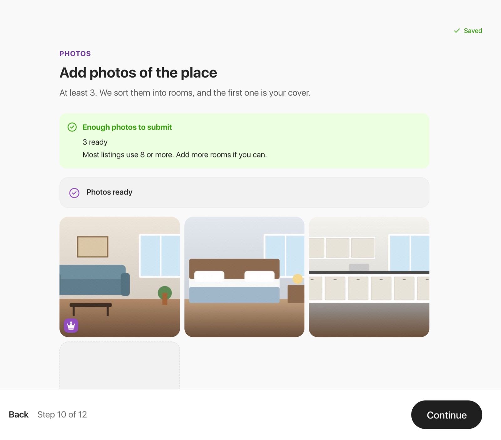 The Add photos of the place screen showing three photos and Enough photos to submit