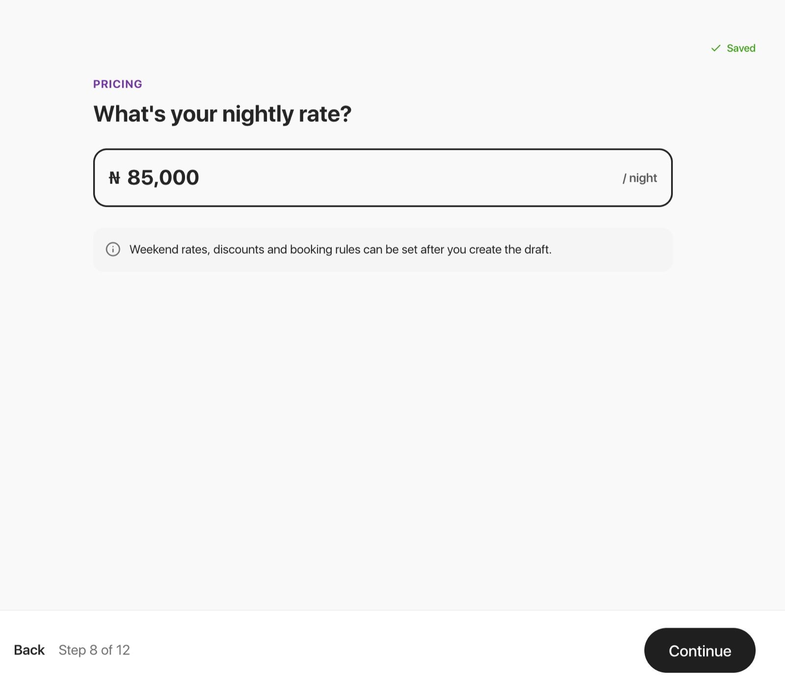 The What's your nightly rate screen with a price per night