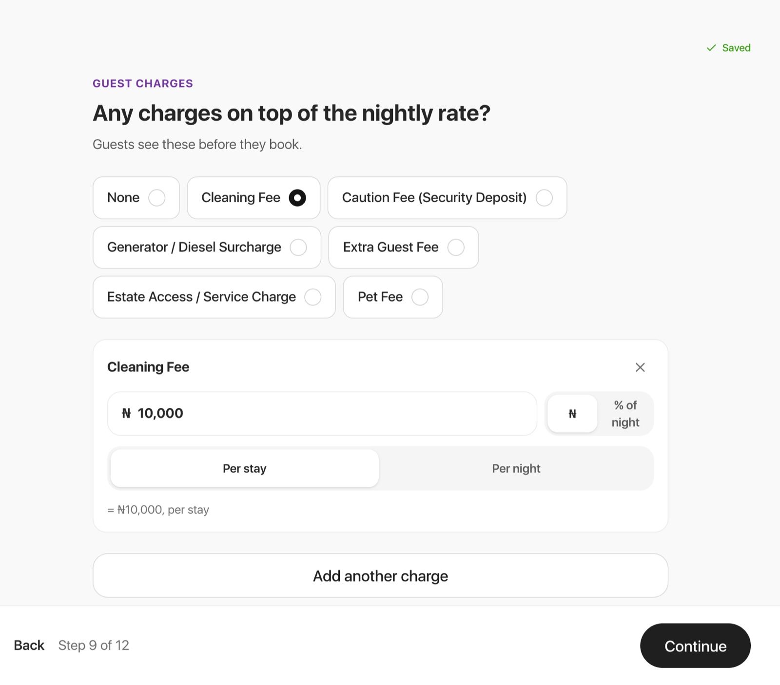 The guest charges screen with a cleaning fee set per stay and an Add another charge button