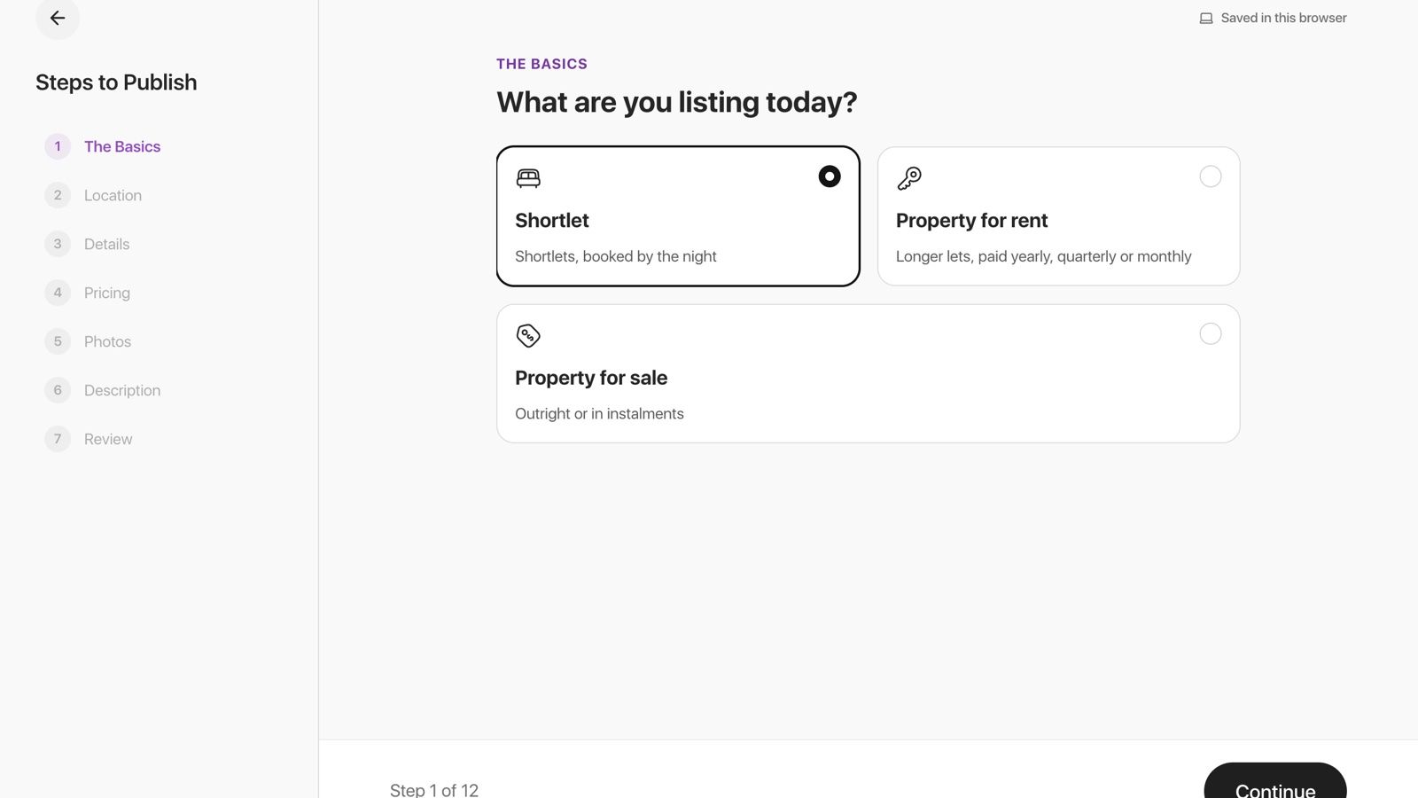 The first step of listing on Hauslet: choosing Shortlet, Property for rent or Property for sale