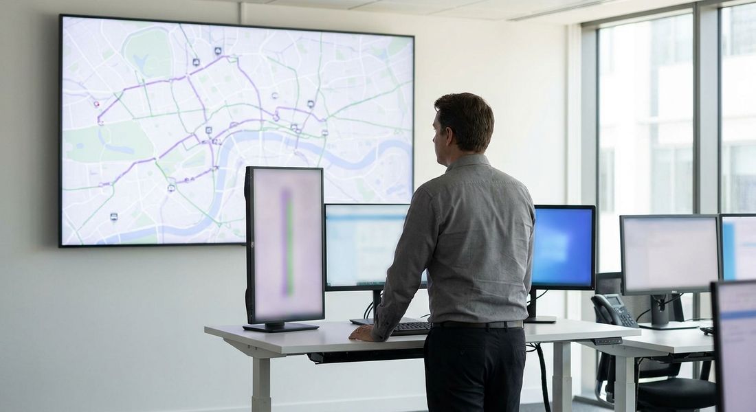 A transport operations manager at a dispatch workstation reviews a live shuttle-route map beside an AI assistant panel.