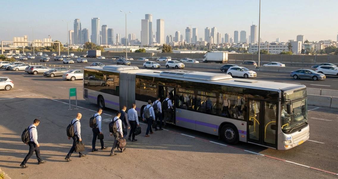 נוסעים עולים לשאטל ארגוני במתחם חנה-וסע ליד נתיב מהיר בגוש דן בשעת בוקר