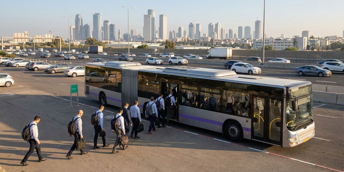 נוסעים עולים לשאטל ארגוני במתחם חנה-וסע ליד נתיב מהיר בגוש דן בשעת בוקר