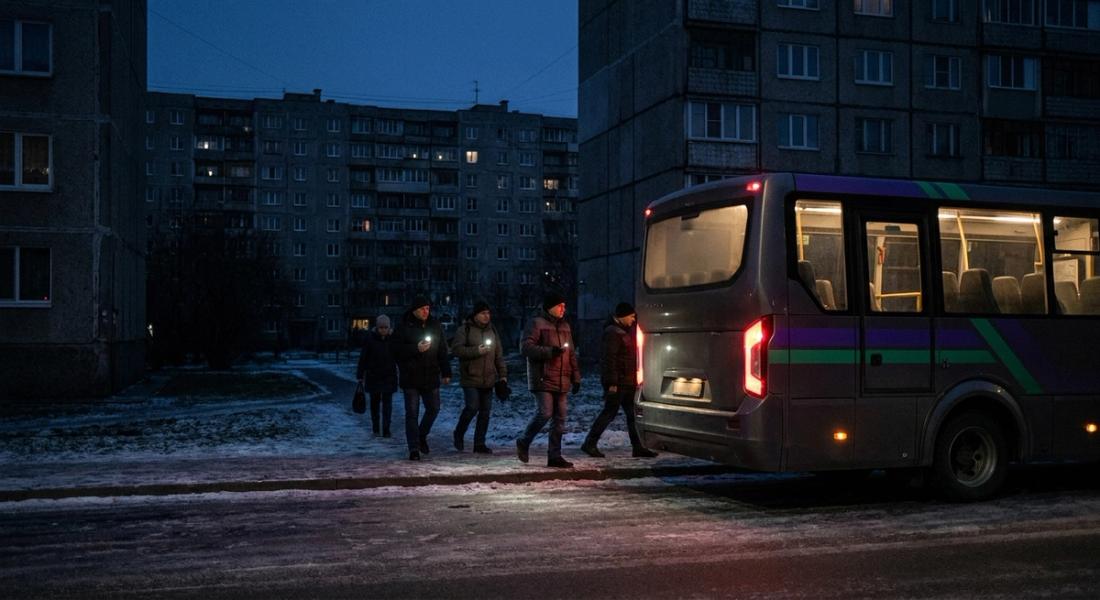 Працівники з ліхтариками телефонів ідуть до корпоративного автобуса біля панельних багатоповерхівок перед світанком