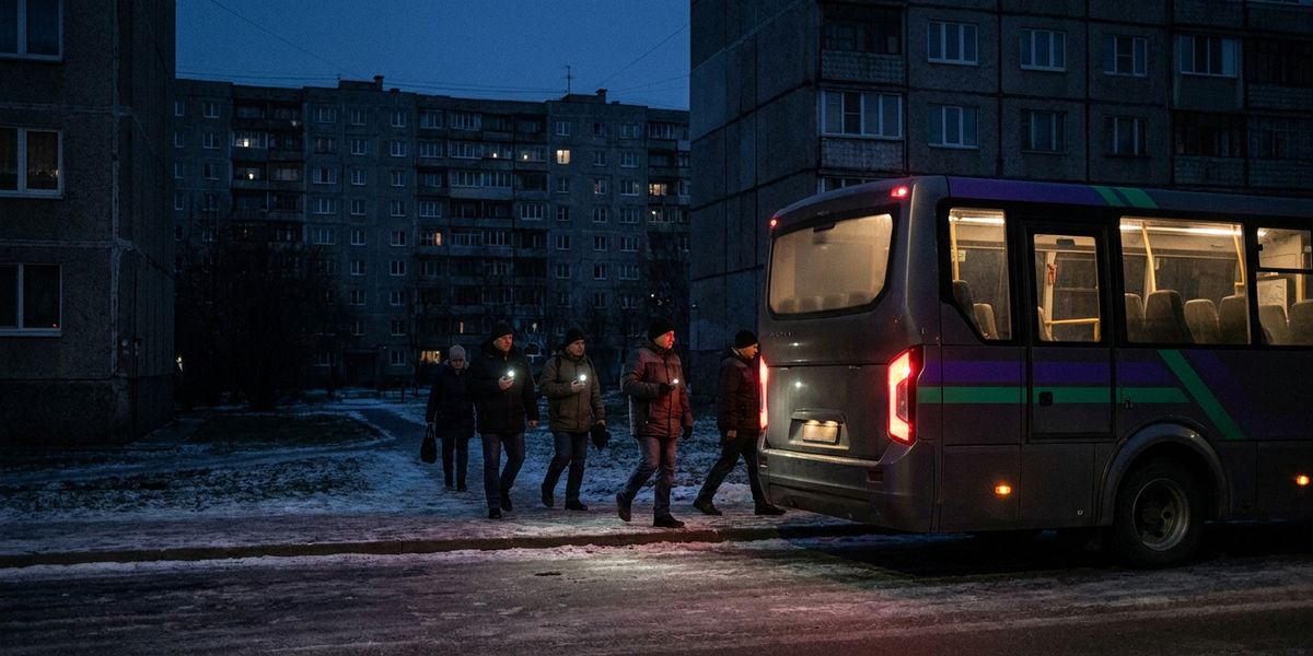 Працівники з ліхтариками телефонів ідуть до корпоративного автобуса біля панельних багатоповерхівок перед світанком