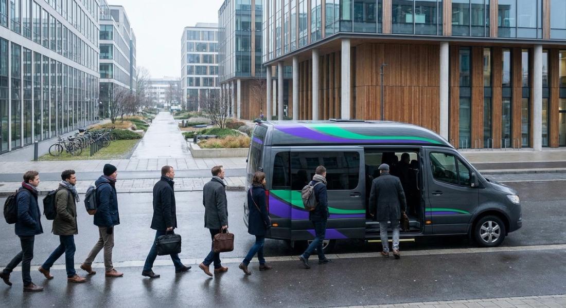 Employees boarding an electric employer shuttle outside a European office campus on a weekday morning