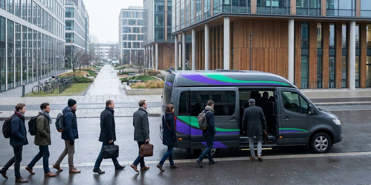 Employees boarding an electric employer shuttle outside a European office campus on a weekday morning