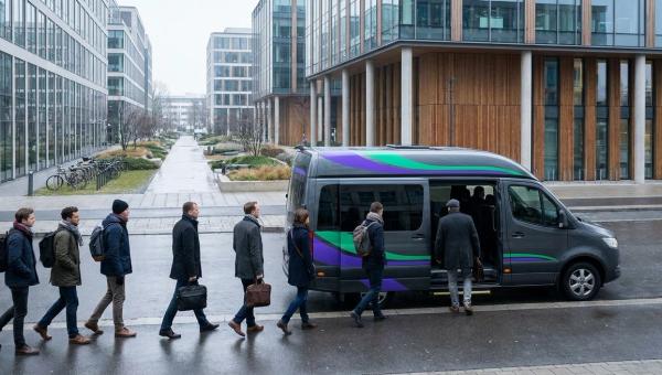 Employees boarding an electric employer shuttle outside a European office campus on a weekday morning