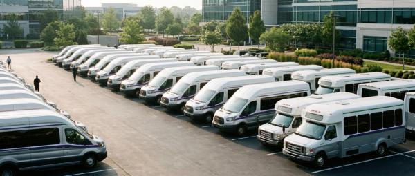 Una flota de shuttles corporativos estacionada en un campus suburbano durante el cambio de turno