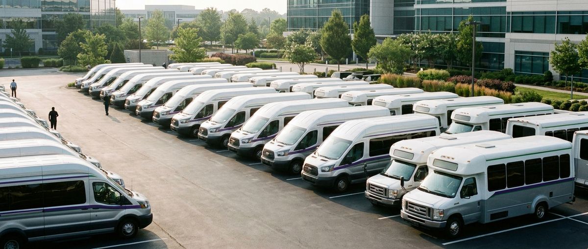 Una flota de shuttles corporativos estacionada en un campus suburbano durante el cambio de turno