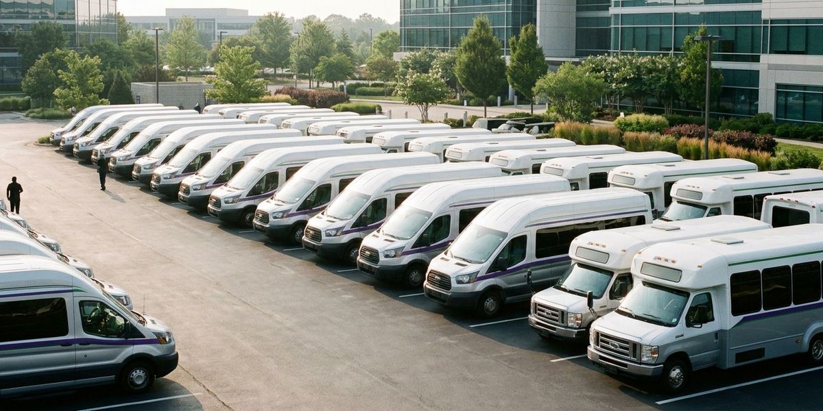 Una flota de shuttles corporativos estacionada en un campus suburbano durante el cambio de turno