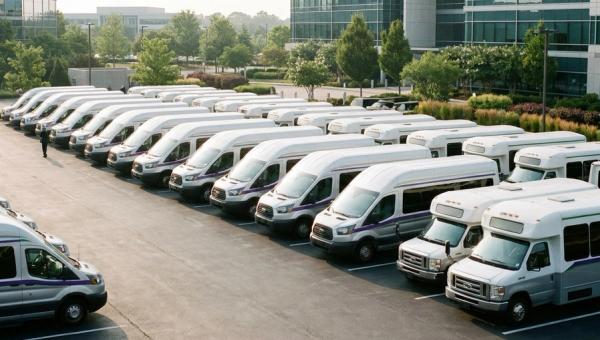 Una flota de shuttles corporativos estacionada en un campus suburbano durante el cambio de turno