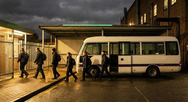 Frauen und Männer der Spätschicht gehen nachts zwischen beleuchtetem Werkstor und einem Mitarbeiter-Shuttlebus