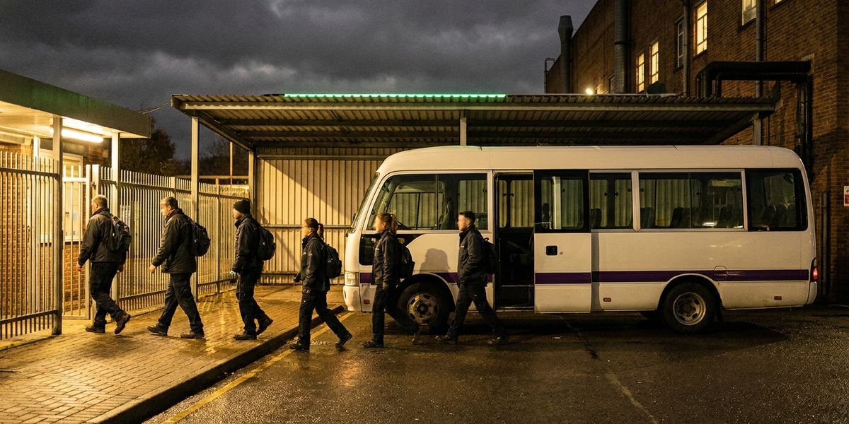 Frauen und Männer der Spätschicht gehen nachts zwischen beleuchtetem Werkstor und einem Mitarbeiter-Shuttlebus