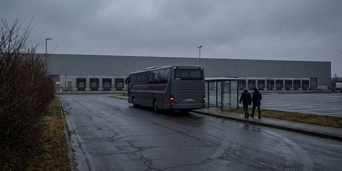 Ein Reisebus wartet an einer leeren Haltestelle vor einem Logistikzentrum, nur zwei Beschäftigte gehen darauf zu