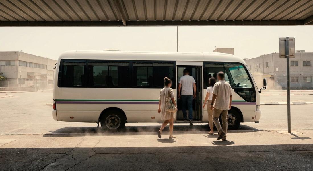 עובדים עולים להסעה ממוזגת בתחנת איסוף מוצלת בשרב ישראלי, על רקע אזור תעשייה ואדוות חום מהאספלט
