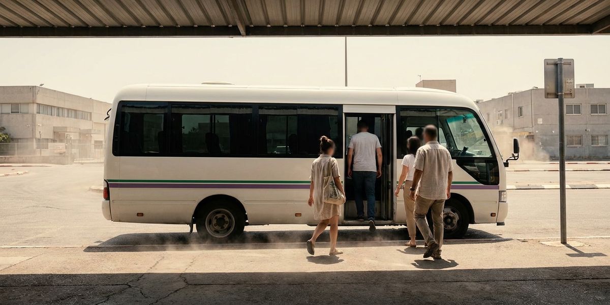 עובדים עולים להסעה ממוזגת בתחנת איסוף מוצלת בשרב ישראלי, על רקע אזור תעשייה ואדוות חום מהאספלט